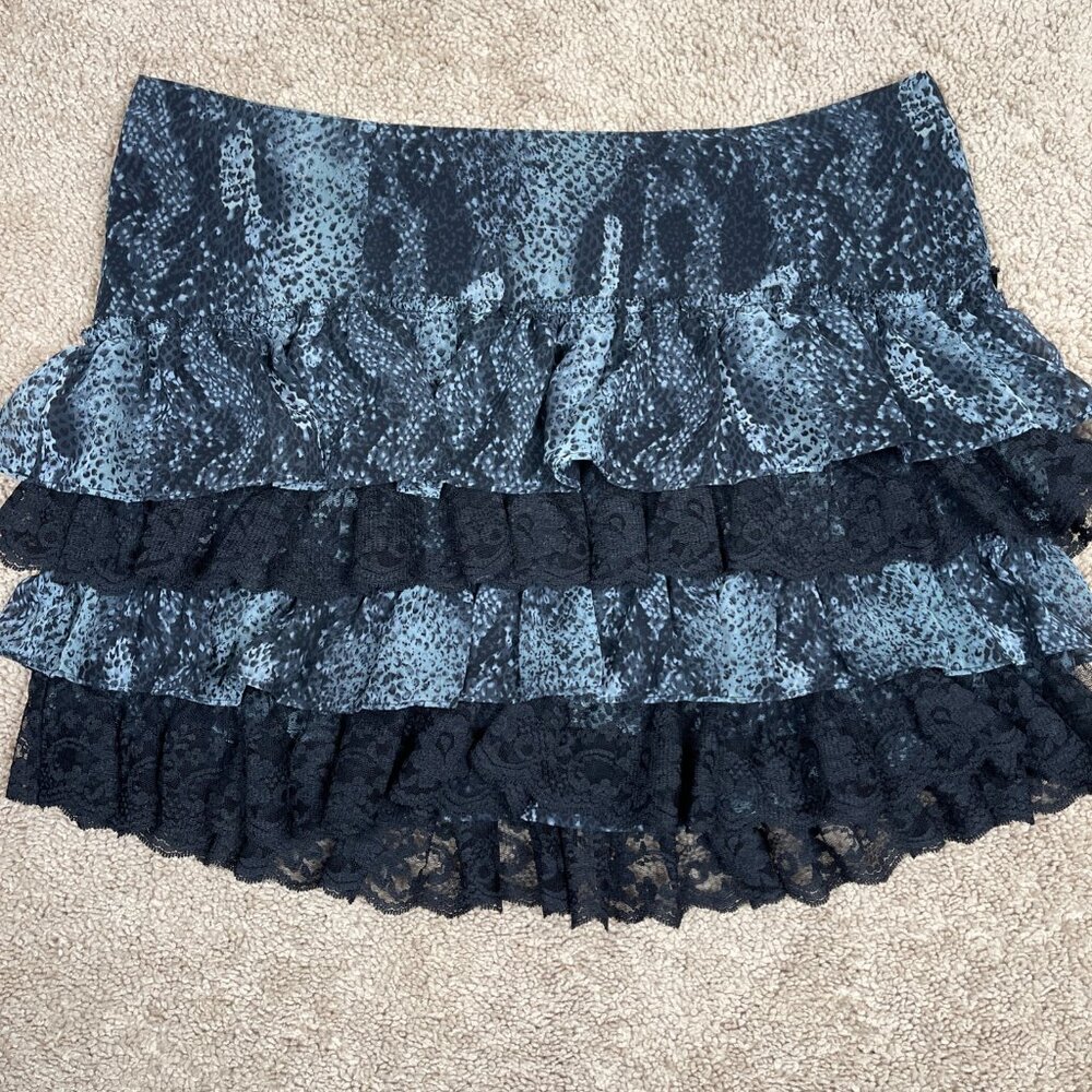 Guess Skirt Womens M Black Ruffle Mini Tiered Y2K Snake Print Lace Whimsigoth